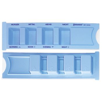 Medikamentendispenser ratiomed, blau, mit Beschriftung: deutsch/englisch