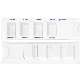Medikamentendispenser ratiomed, weiß, mit Beschriftung: deutsch/englisch
