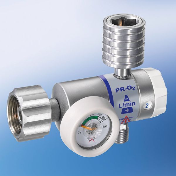 Druckminderer O2, kurzer Anschluss, Druchflussmesser 0-15 L/min Kupplung DIN