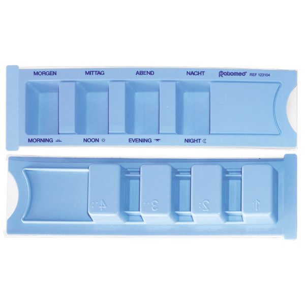 Medikamentendispenser ratiomed, blau, mit Beschriftung: deutsch/englisch