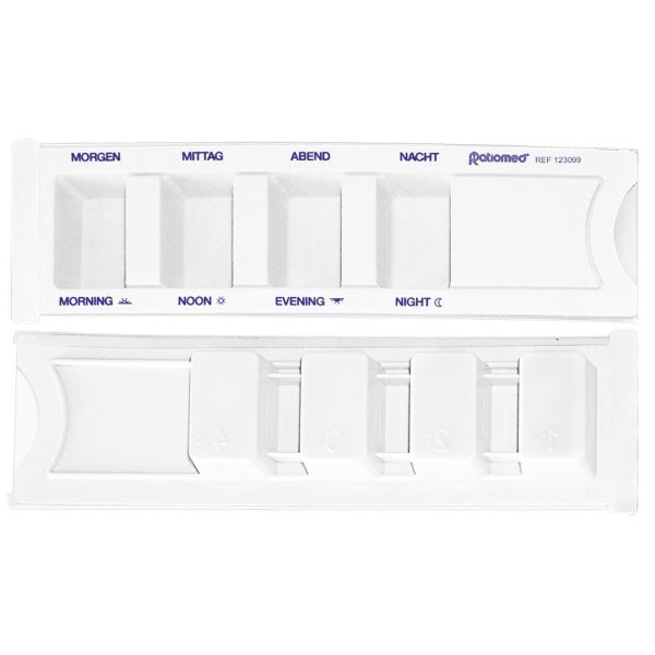 Medikamentendispenser ratiomed, weiß, mit Beschriftung: deutsch/englisch